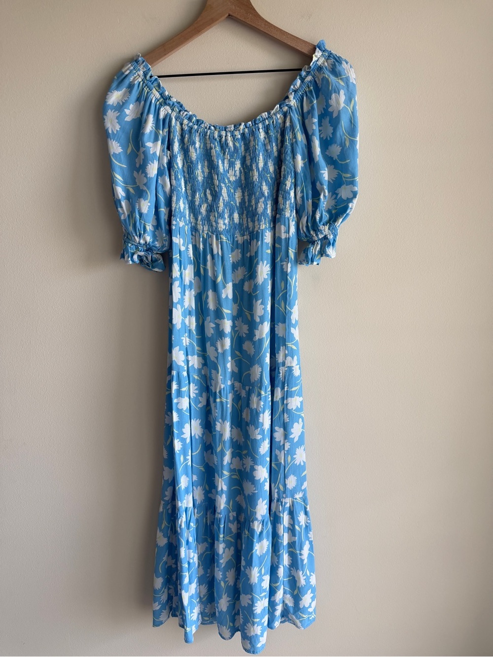 Faithfull The Brand Leyla Smocked Midi Dress Blue Floral Puff Sleeve Size S - Picture 5 of 16